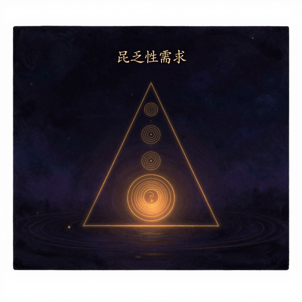 匮乏性需求：一个倒置的三角形结构，底部最宽（生理需求），向上逐层缩小（安全、归属与爱、尊重），顶部标注“匮乏性需求”，结构清晰，四周