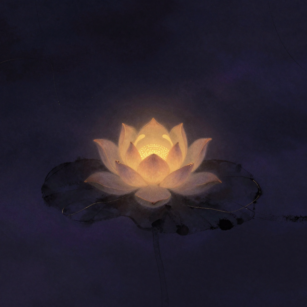 全人健康：一朵四瓣莲花悬浮于大片空处，四瓣清晰对称，瓣尖与瓣尖之间以极细柔线相连形成流动回路，花心留一粒微光，花瓣与花瓣之间留有透