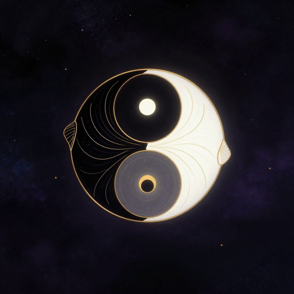 阴阳互根：一枚圆形太极图悬浮于空旷深色中，黑白双鱼呈S形互抱，首尾相衔，黑鱼有白眼、白鱼有黑眼，鱼身线条流畅清晰，四周尽数留白，无