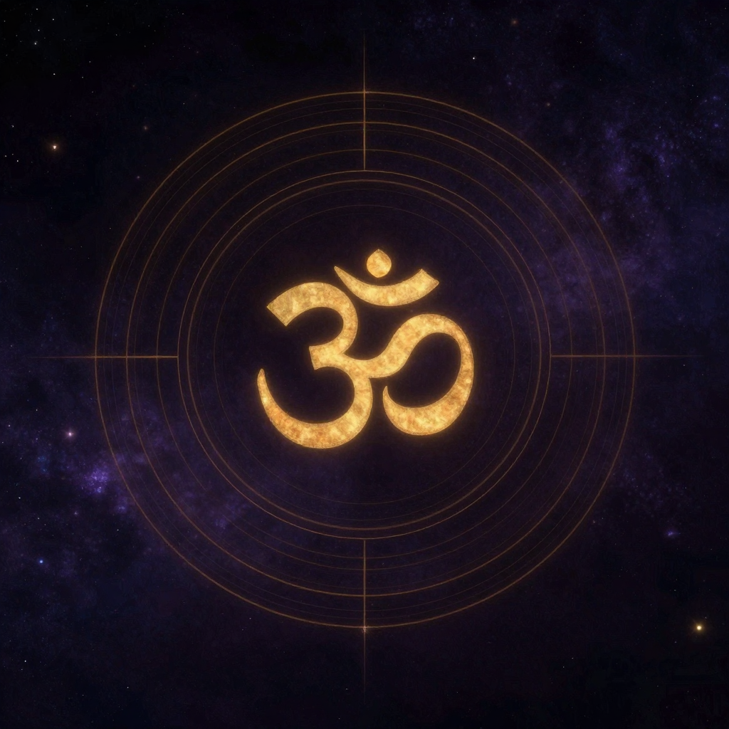 梵咒：一个天城体梵文符号‘ॐ’安静居于画面中央，其周围环绕数圈极细的同心圆纹路，纹路边缘渐融于大片空处，整幅画面如一只无声的声