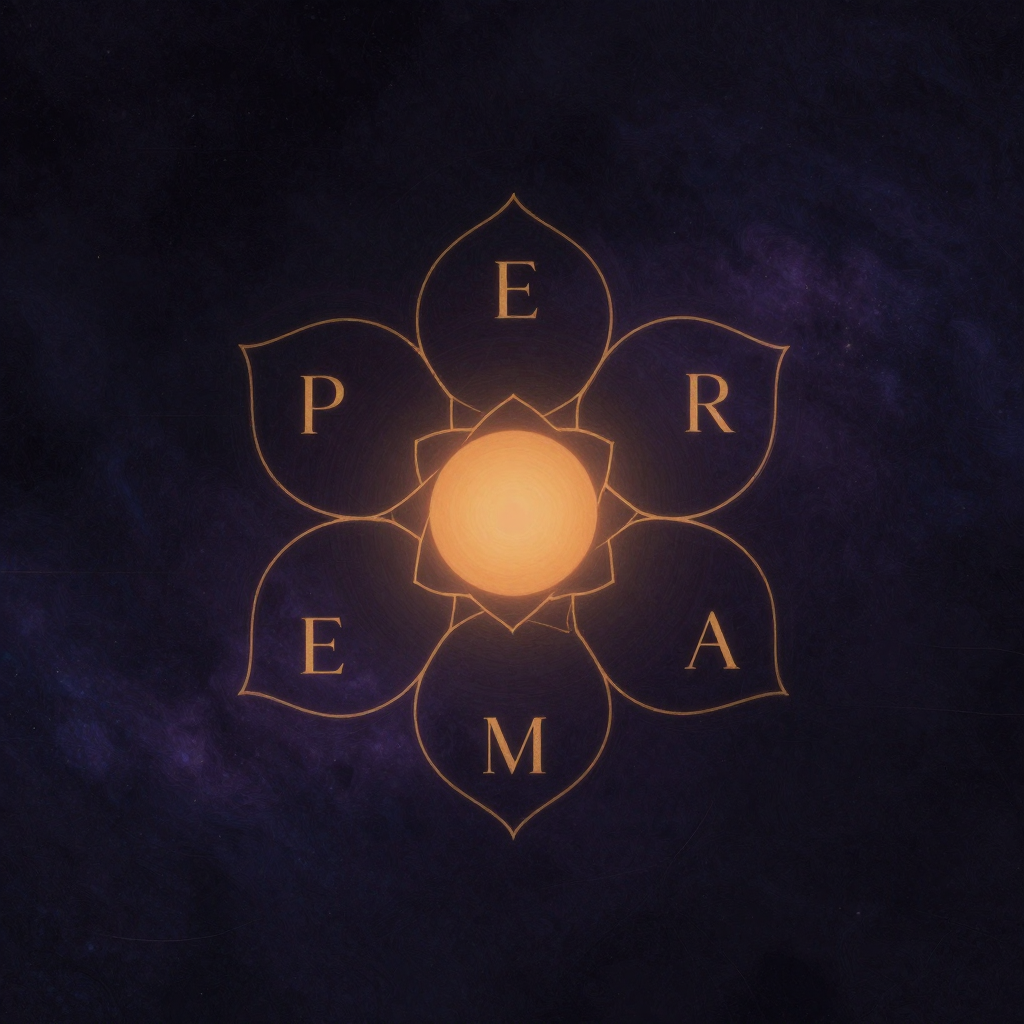 PERMA模型：一幅五瓣花形图悬浮于大片空处，五片花瓣均匀排布，每瓣内各有一个字母（P、E、R、M、A），中心留出的圆内空无一字，花形线