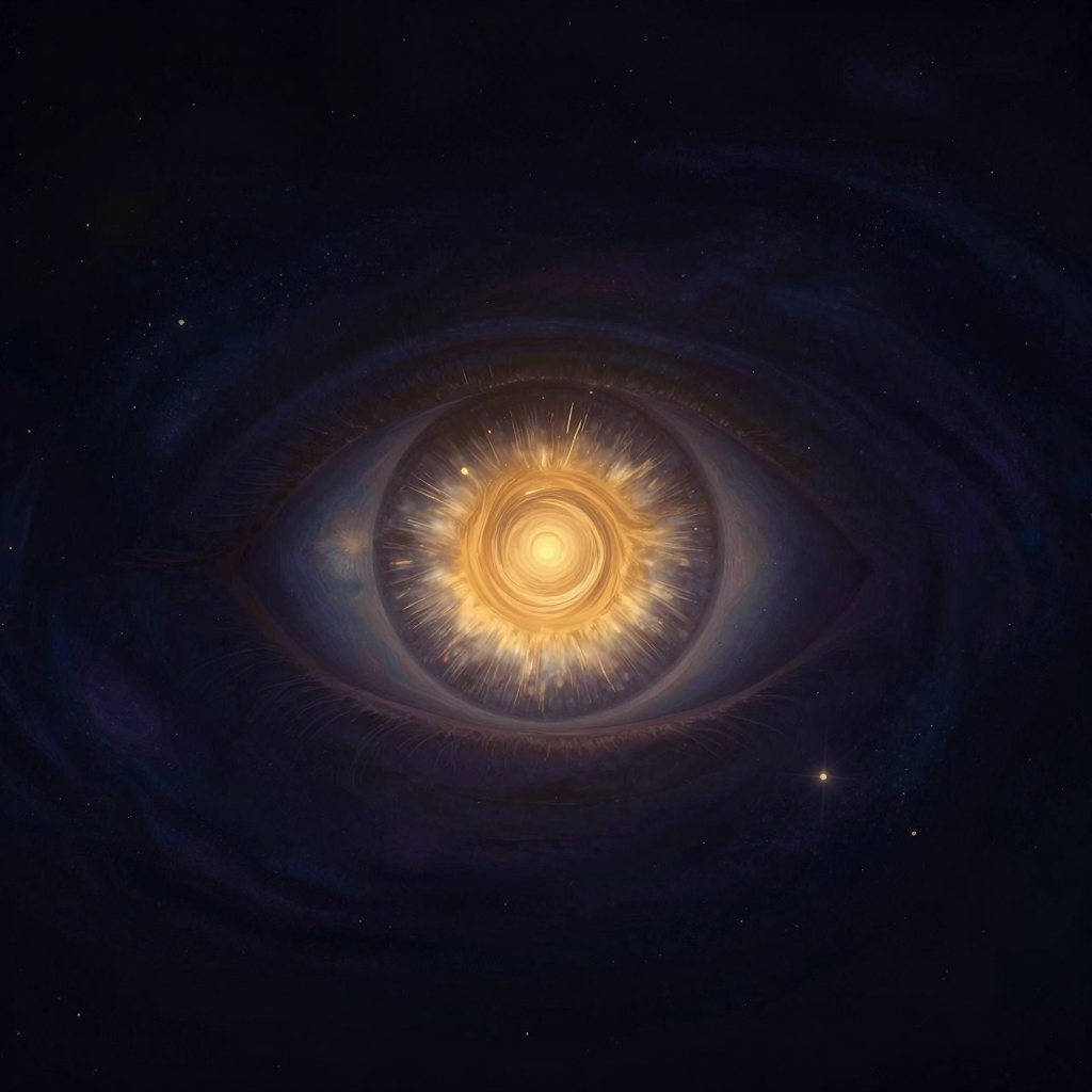 小宇宙：一只巨大的眼睛占据画面中央，瞳孔深处映出螺旋状星云漩涡，密集星点与光晕层次分明，虹膜纹理如星轨蔓延，四周隐入大片空旷