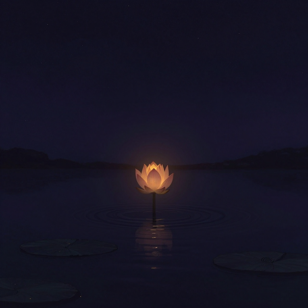 Dharana：一只闭合的莲花花苞静立于水中，花苞中央透出一束稳定的细光，光不散射，花苞四周是大片留白与水面倒影的微痕