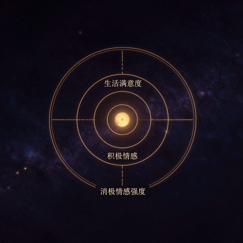 主观幸福感：由三个清晰同心圆构成的靶心图，最内圈标注‘生活满意度’，中圈标注‘积极情感’，外圈标注‘消极情感强度’，圆环线条干净利落