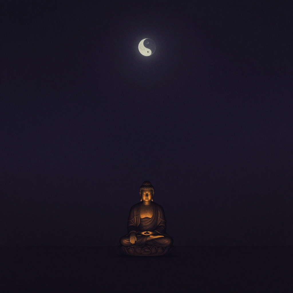 Dhyana：一位结跏趺坐的佛陀，双手结禅定印（右手置于左手上，拇指相触成椭圆），双目微垂，面容安详，静坐于大片空寂之中，远处仅有一轮