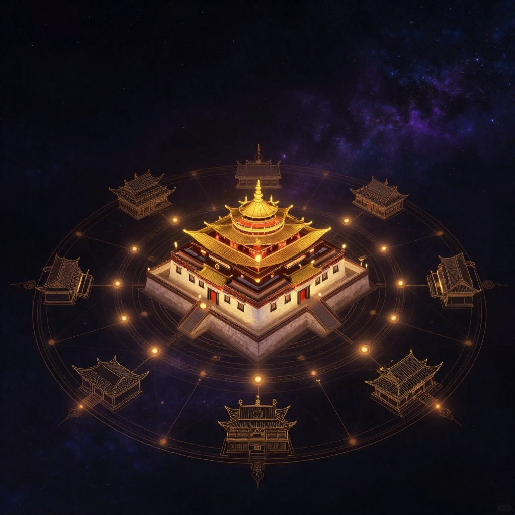 桑耶寺：画面为桑耶寺鸟瞰全景，中央乌孜大殿矗立，底层藏式石墙厚重，中层汉式楼阁飞檐，顶层印度式金顶与金色宝瓶法轮清晰可辨；四周四