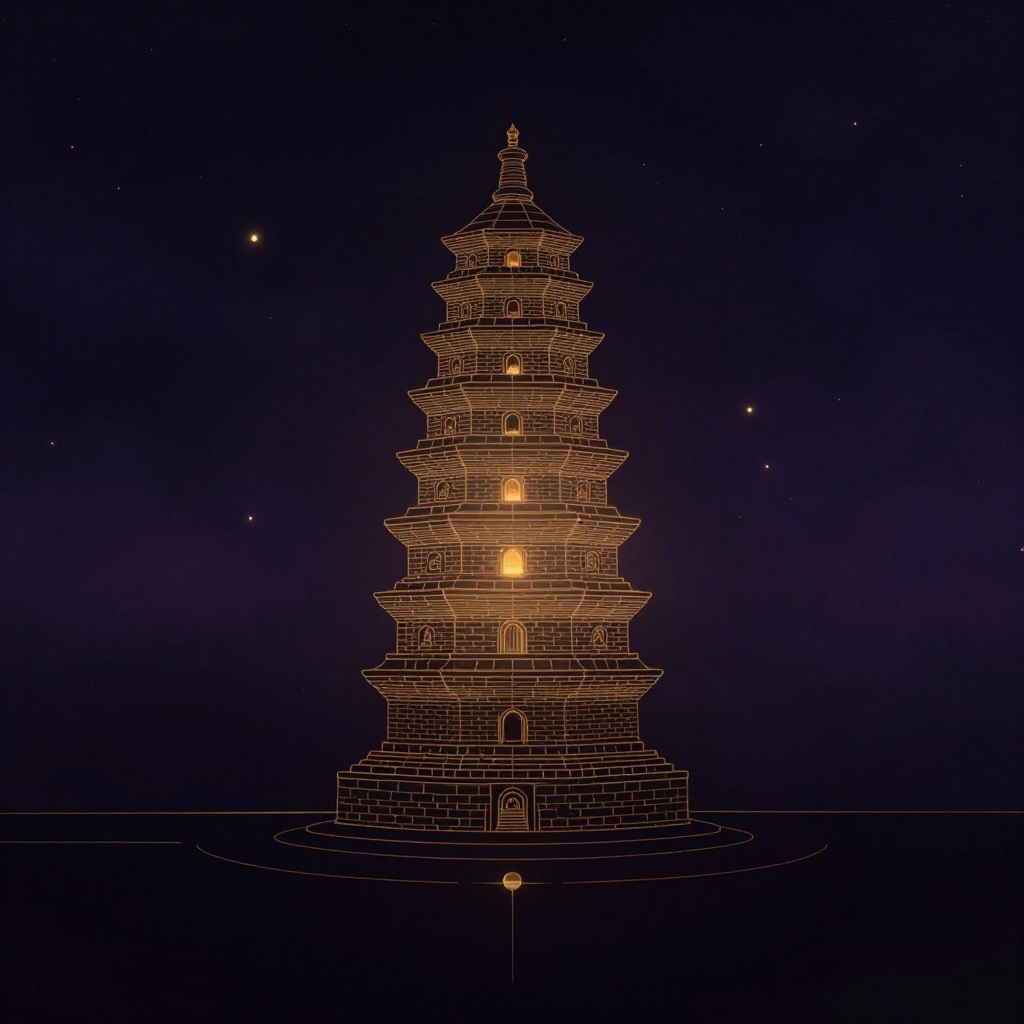 有部：一座由无数整密砖石层层堆叠而成的佛塔，塔身厚重稳固、几何清晰，矗立于空旷之中，塔底隐约有三根横向的细线平行延伸（象征过去