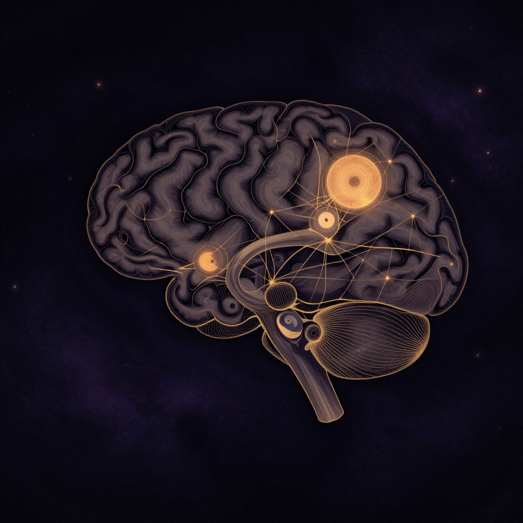静息态：一张大脑的矢状切面解剖图，灰质背景呈均匀灰阶，后扣带回、内侧前额叶与角回区域以细腻高亮显现，其余脑区隐入背景，亮区之间隐