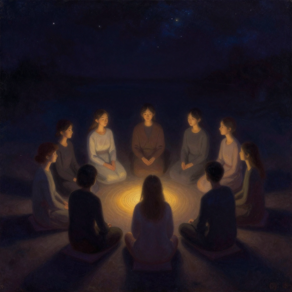 会心团体：一群人身着日常衣物围坐成无桌子的圆圈，坐在地板或矮凳上，彼此微侧身、目光柔和相接，面孔清晰平和但无一人正对镜头，圆圈中央