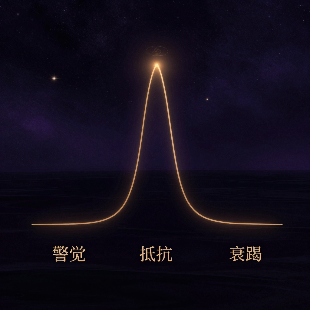 压力生理学：一条波形曲线从左下升起至顶点后缓缓降向右下，曲线下方依序标着‘警觉’‘抵抗’‘衰竭’三段文字，曲线以简洁细线绘于大片空旷