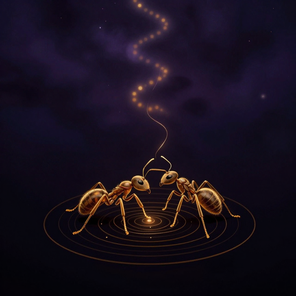 社会生物学：一只工蚁正将触角贴近另一只工蚁的头胸部，两者之间形成一条细线状信息素连接，背景深处隐约可见一道双螺旋结构如雾气般悬浮于空
