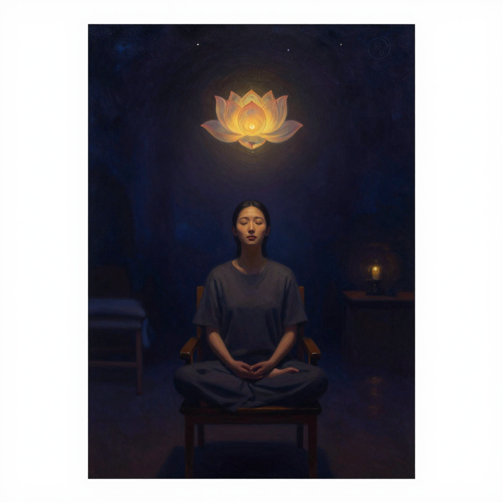 致幻剂辅助心理治疗：一位闭目静坐的患者坐在简约木椅上，头顶上方悬浮一朵半透明的莲花，莲花中心透出一束柔和微光向下笼罩患者，背景是模糊的治疗室