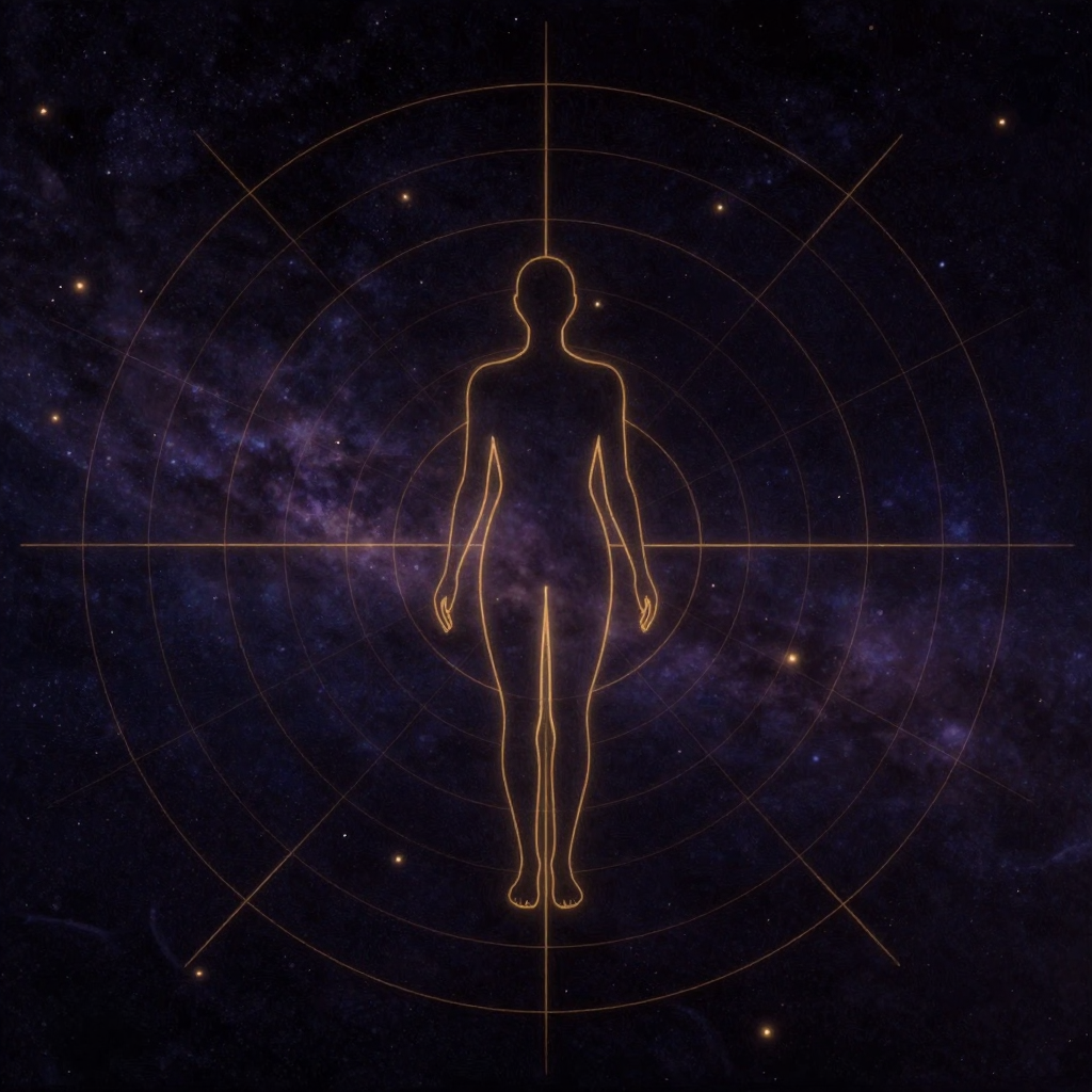 神经觉：一个简洁的人体轮廓立于画面中央，周围环绕一层半透明的雷达扫描波纹，波纹中散落着细微的点点光迹，有明有暗，疏密不一；人体轮