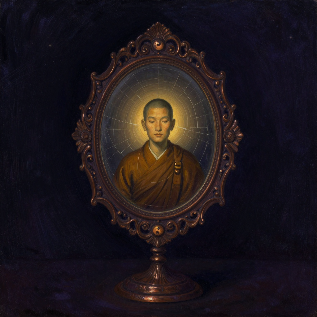 灵性小我：一面精致的雕花铜镜立于暗处，镜框纹饰繁复，镜中映出一位身着僧袍的修行者，面容庄重但眼神略带自满；镜面布满细密放射状裂纹，