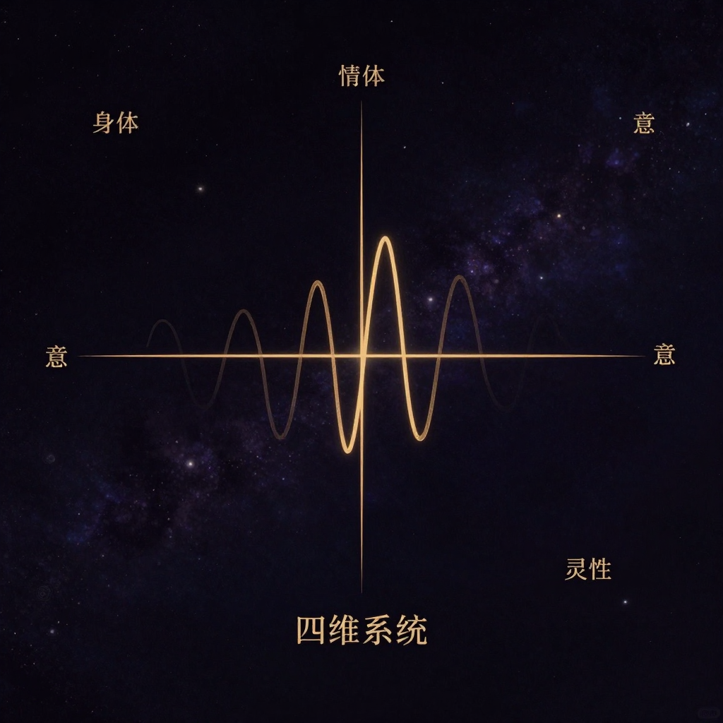 波动：一张坐标系中延展着一条平滑、周期连续的正弦波曲线，曲线在四个象限中均匀起伏；四象限分别标注『身体』『情绪』『意识』『灵性