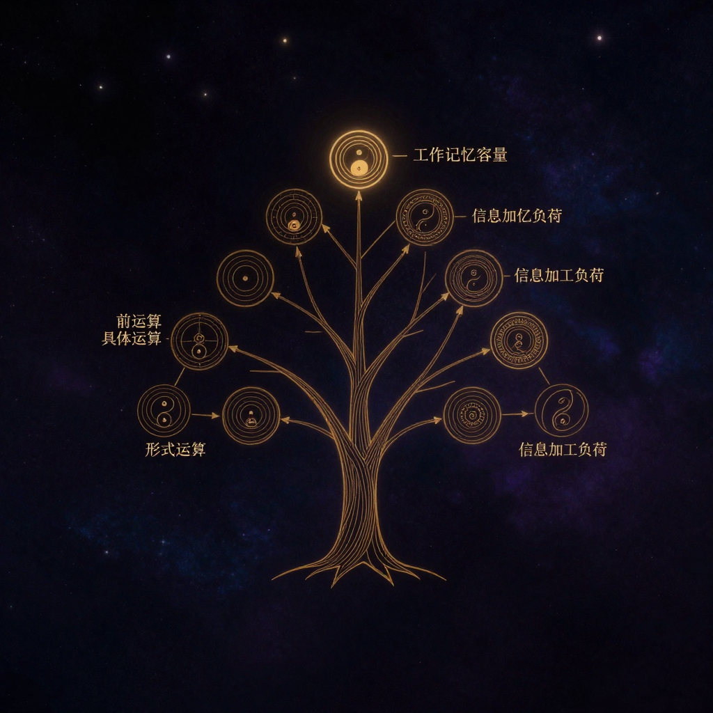 新皮亚杰学派：一座由下而上、逐级分叉的树状层级结构，每个分支节点对应一个认知阶段（前运算、具体运算、形式运算），节点旁附有示意箭头指向