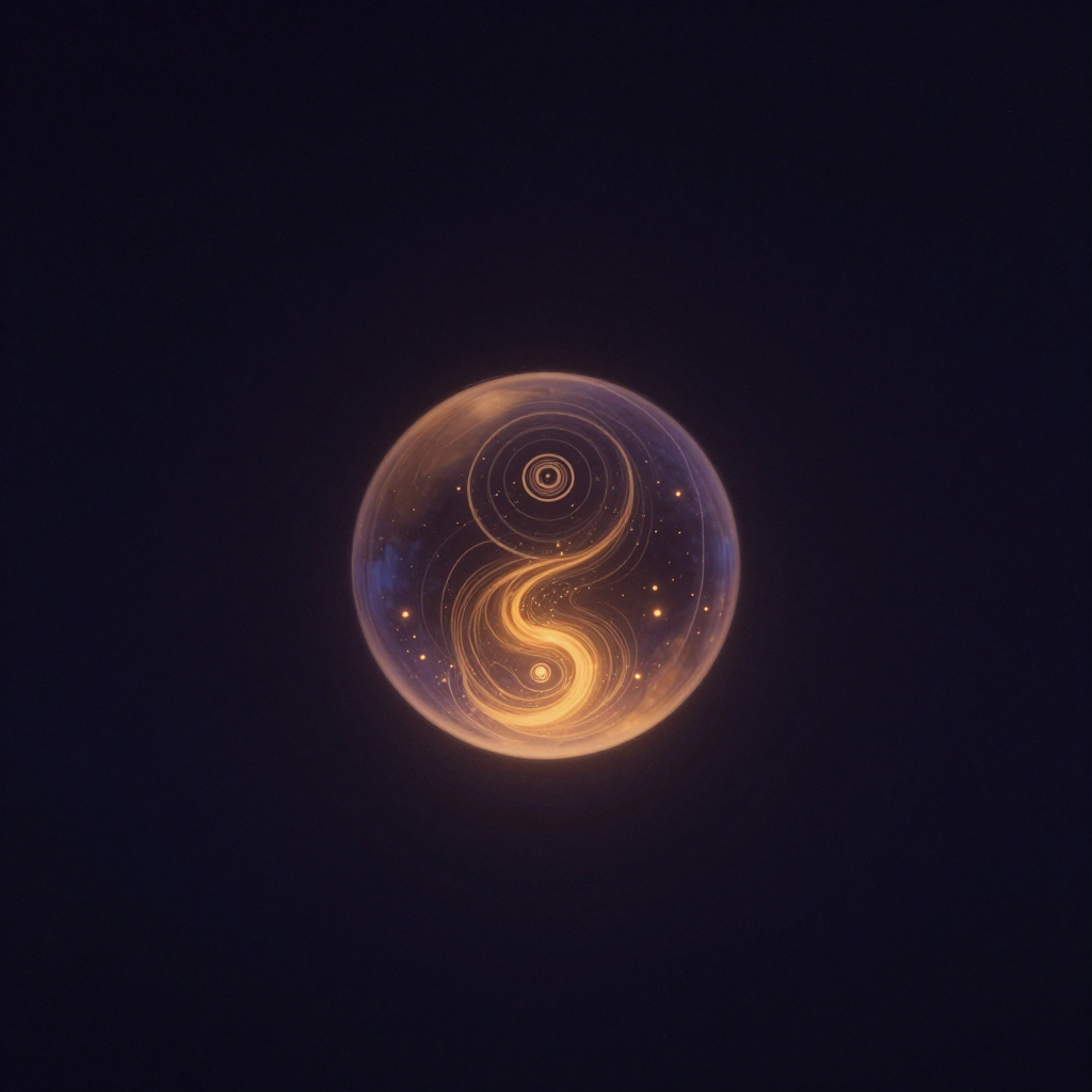能量容器：一个半透明的、有弹性的球体悬浮于空旷之中，球壁柔薄如膜，其内有一道暖光化成的液态能量自下而上缓缓盘旋，球体轮廓柔和，不作