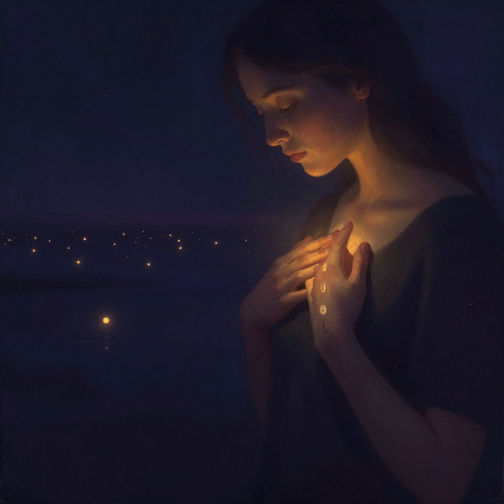 帕特·奥登：一位女性的手温和地引导另一只手轻触自己的胸口，目光温和向下注视身体，背景简洁空旷，手与身体之间留下一道微光落点，暗示觉察