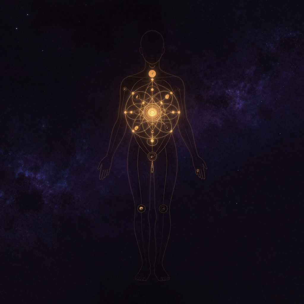 人类图：一个人体轮廓的暗色剪影浮于大片空处，体内清晰描绘出九大几何能量中心（头顶/眉心/喉咙/G中心/意志力/荐骨/情绪/脾/根