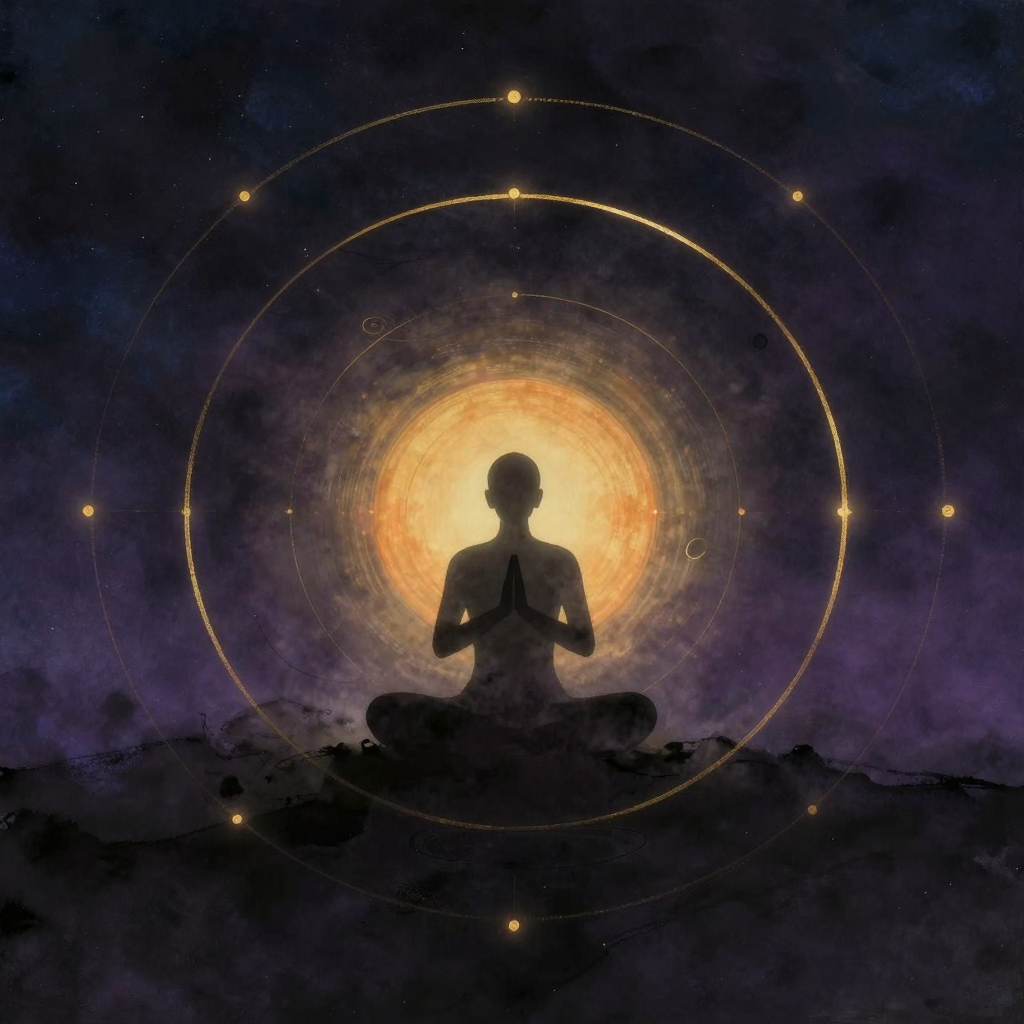 阿斯汤加：一片空旷的暗色空间中，一位修行者的剪影正做拜日式A起始的双手合十姿态，身体轮廓清晰，四周有八道细长的弧线或圆环围绕他，如