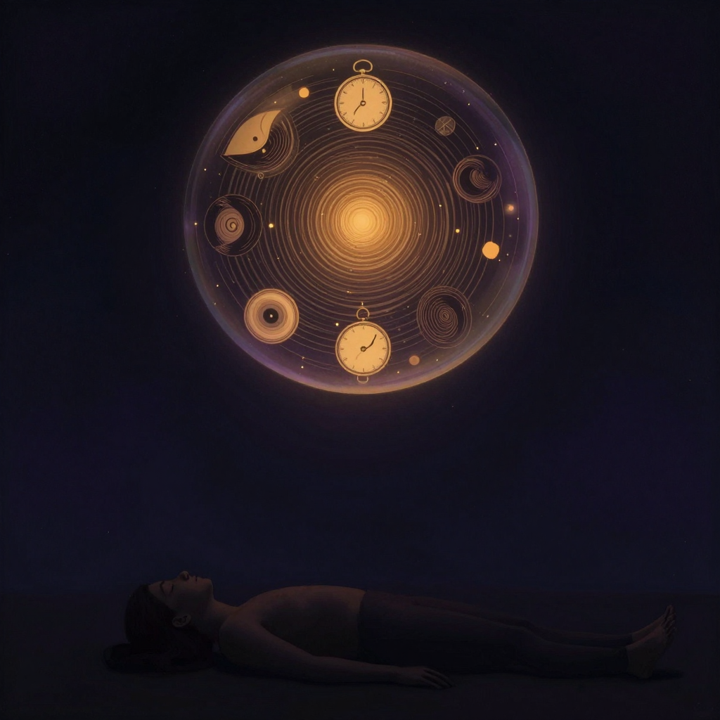 REM睡眠：一个人体轮廓闭眼仰卧于大片空处，四肢松弛瘫软，头顶上方悬浮一枚半透明气泡，气泡内密布快速左右移动的眼球轨迹线与碎片化意象