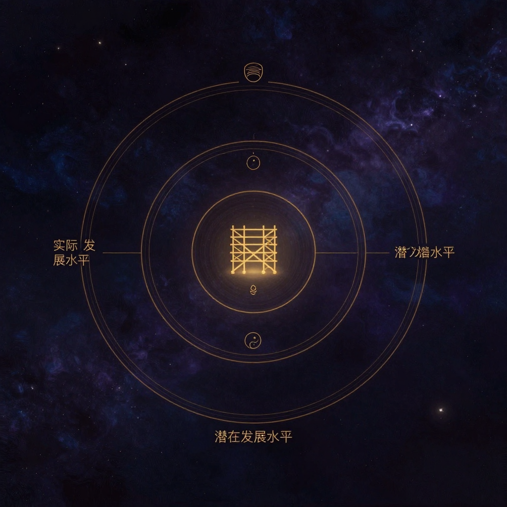 社会文化理论：一组三个同心的圆环轮廓，由内向外标注为实际发展水平、最近发展区、潜在发展水平，中间环内有一道细线连接着一座脚手架符号与一