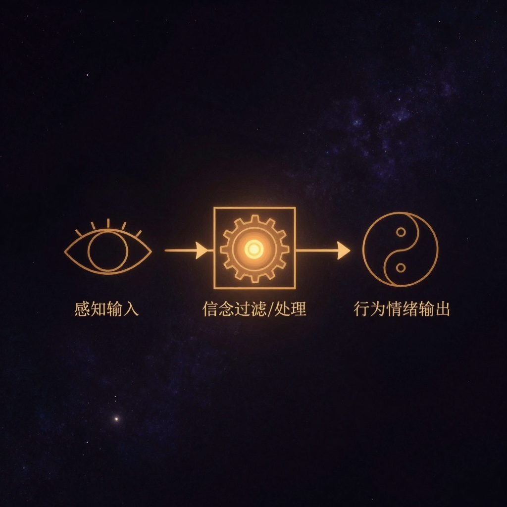 认知模型：一张暗色图纸上，从左至右依次排列三个符号：左侧一只眼睛的简笔代表『感知输入』，中间一个带旋钮的方形齿轮代表『信念过滤/处
