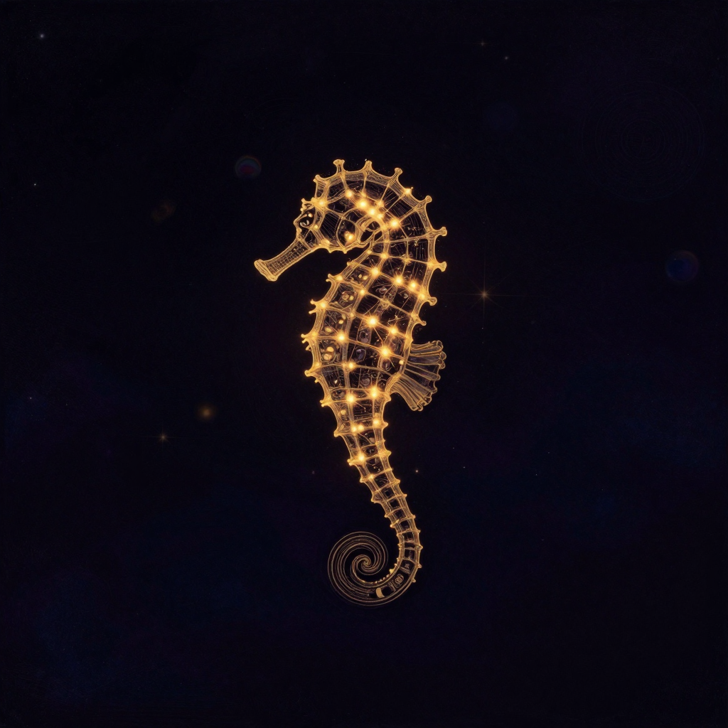 记忆编码：一个弯曲的C形海马体状发光节点悬浮于空，其表面延伸出多个细小突触，光点沿突触流动如信息传递，四周散布模糊的感官碎片轮廓（