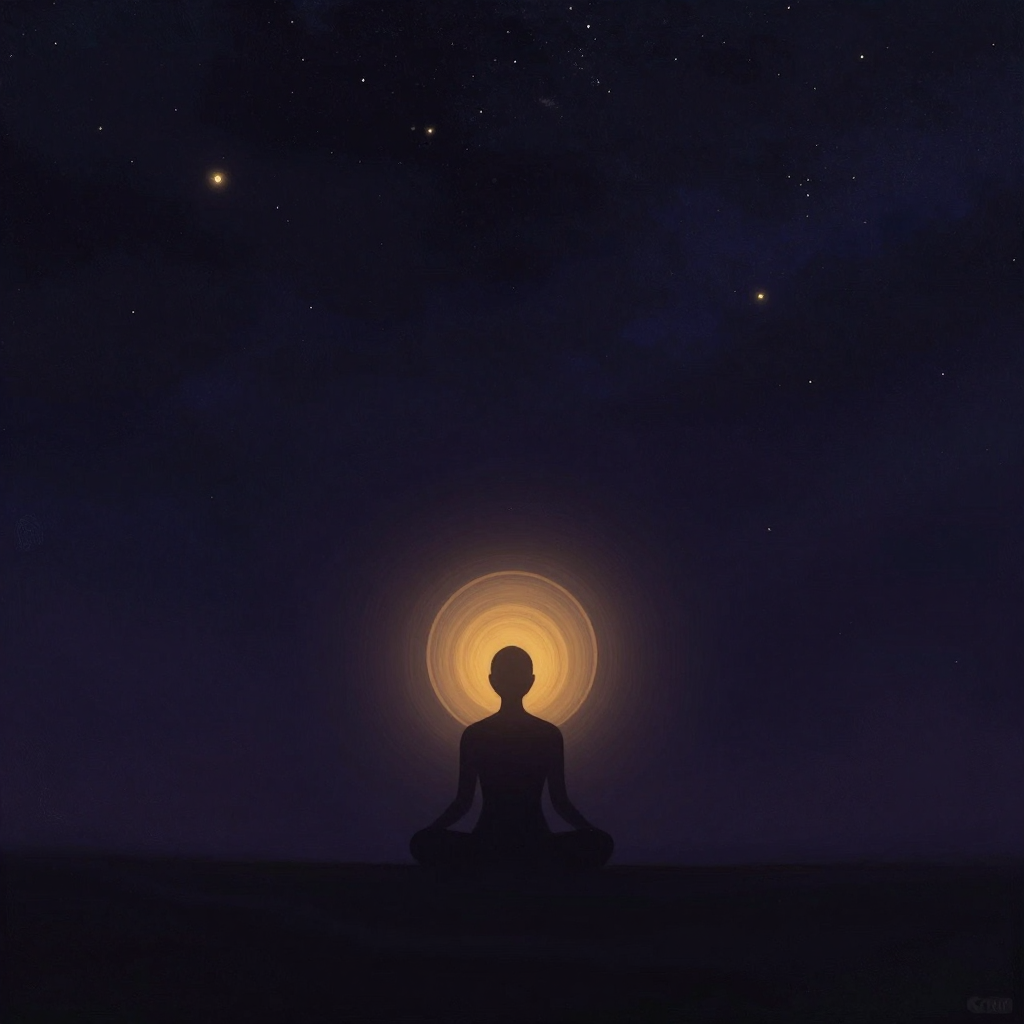 心理训练：一个盘腿静坐的人形轮廓置于画面中央偏下，头顶上方浮现半透明圆环，圆环边缘柔和融入空处，人形与圆环之间留出大片空间