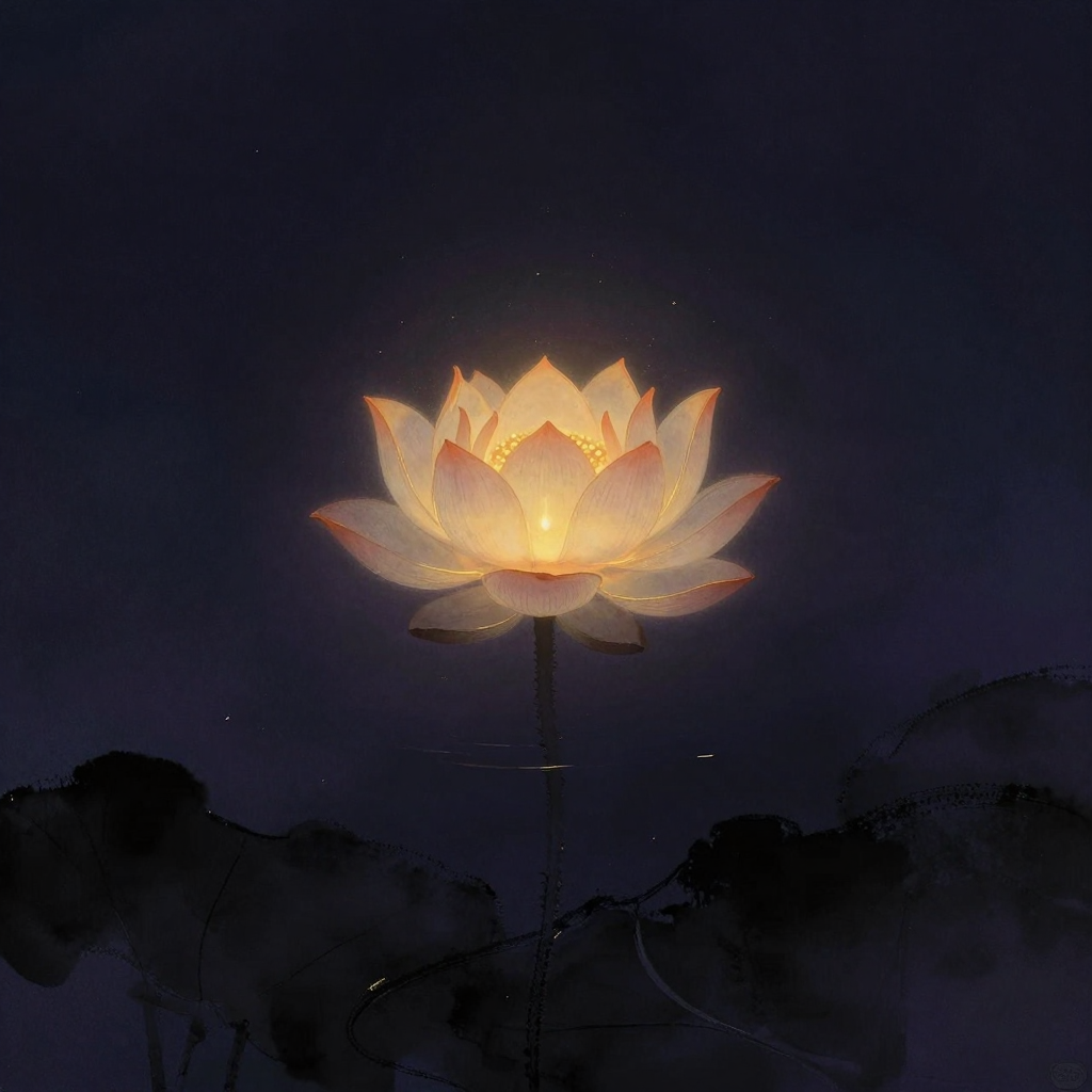 观修：一朵莲花悬浮于虚空之中，从闭合缓慢转向绽放，八瓣花瓣逐一舒展，瓣缘清晰；花心深处有一极细微光点，如即将燃起的星籽；四周是