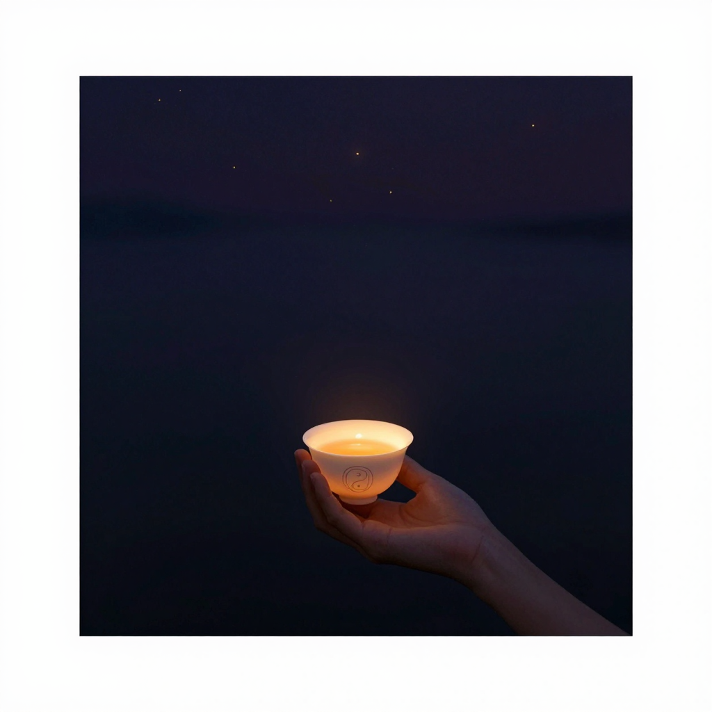 即事而真：一双手轻轻捧起一只白瓷茶杯，茶汤清澈透亮，杯中映出一处柔和微光，四周大片空旷，只有茶杯与双手构成安静的焦点