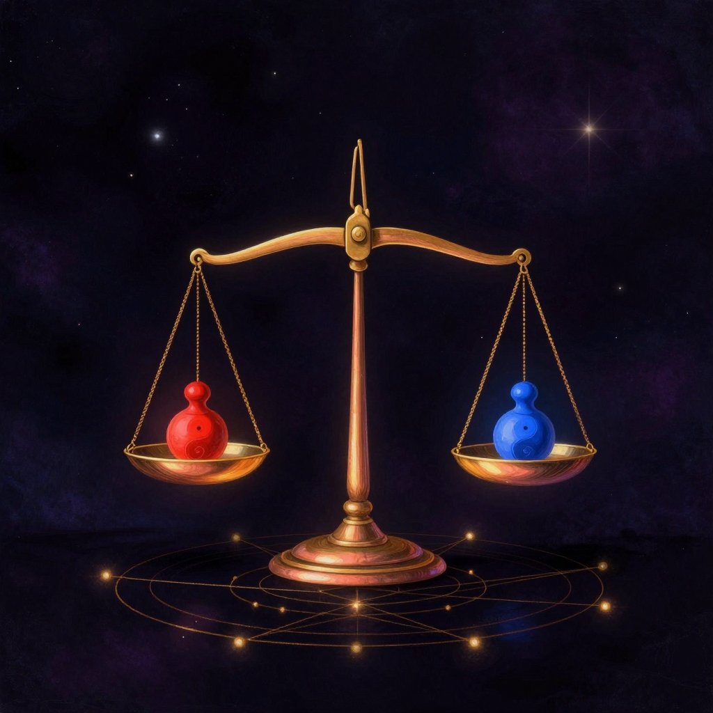 免疫平衡：一座精致的铜质天平悬于空旷之中，两端托盘各置一枚砝码——左端红色、右端蓝色，天平横梁处于完美水平，背景空无一物，天平中央