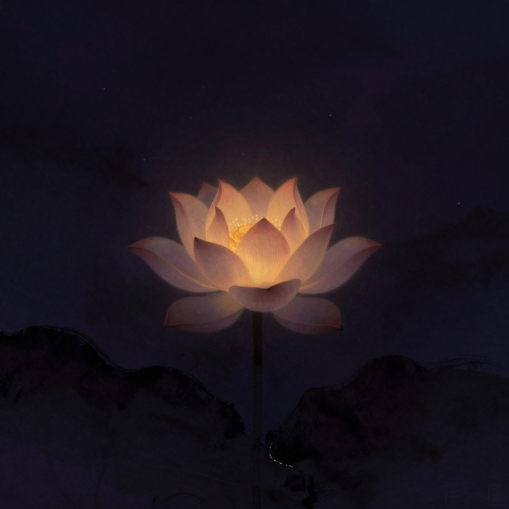 唯识观：一朵半开的莲花静静立于深色空处，花瓣层层包裹、尚未舒展，中心隐约透出一颗明珠的轮廓，四周余下大片空旷，花心深处是画面唯一