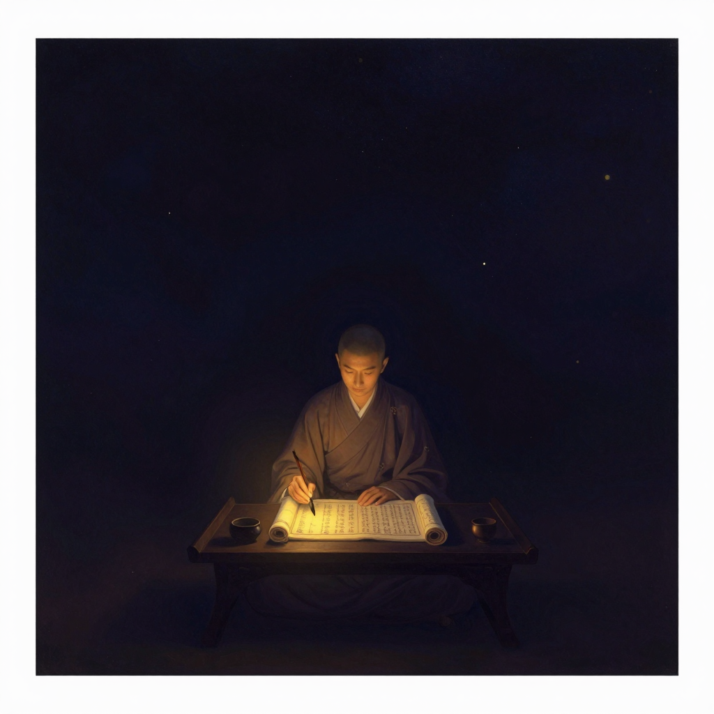 窥基：一位唐代僧侣端坐于书案前，身姿端直，案上摊开一卷梵夹与一枝毛笔，僧侣低首凝神，一手轻抚经卷边缘，四周器物隐入大片空处，唯