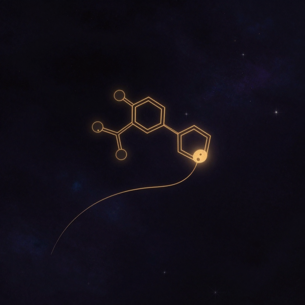 奖赏：一个简化的多巴胺分子悬于画面中央，其六元环与侧链骨架清晰可辨；下方一道弧状连线从伏隔核延伸至前额叶皮层，连线仅以极细线条