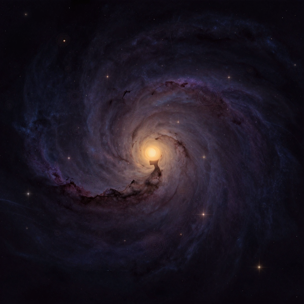 内在宇宙：一片深邃的星云铺展于空旷之中，无数光点与暗物质交织成流动的螺旋与网状结构，中心隐约浮现一个人形剪影或一只闭目的眼睛，轮廓