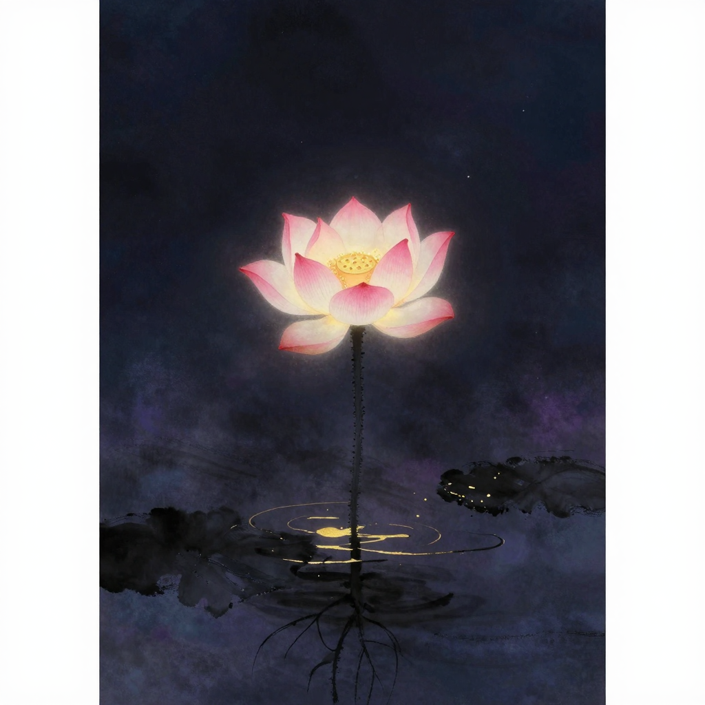 莲花：一朵粉白莲花的茎干自水下淤泥中笔直穿出、穿过水面，花瓣层层展开托出中央莲蓬，莲蓬孔洞清晰可见，花与茎独立于空旷之中，水面