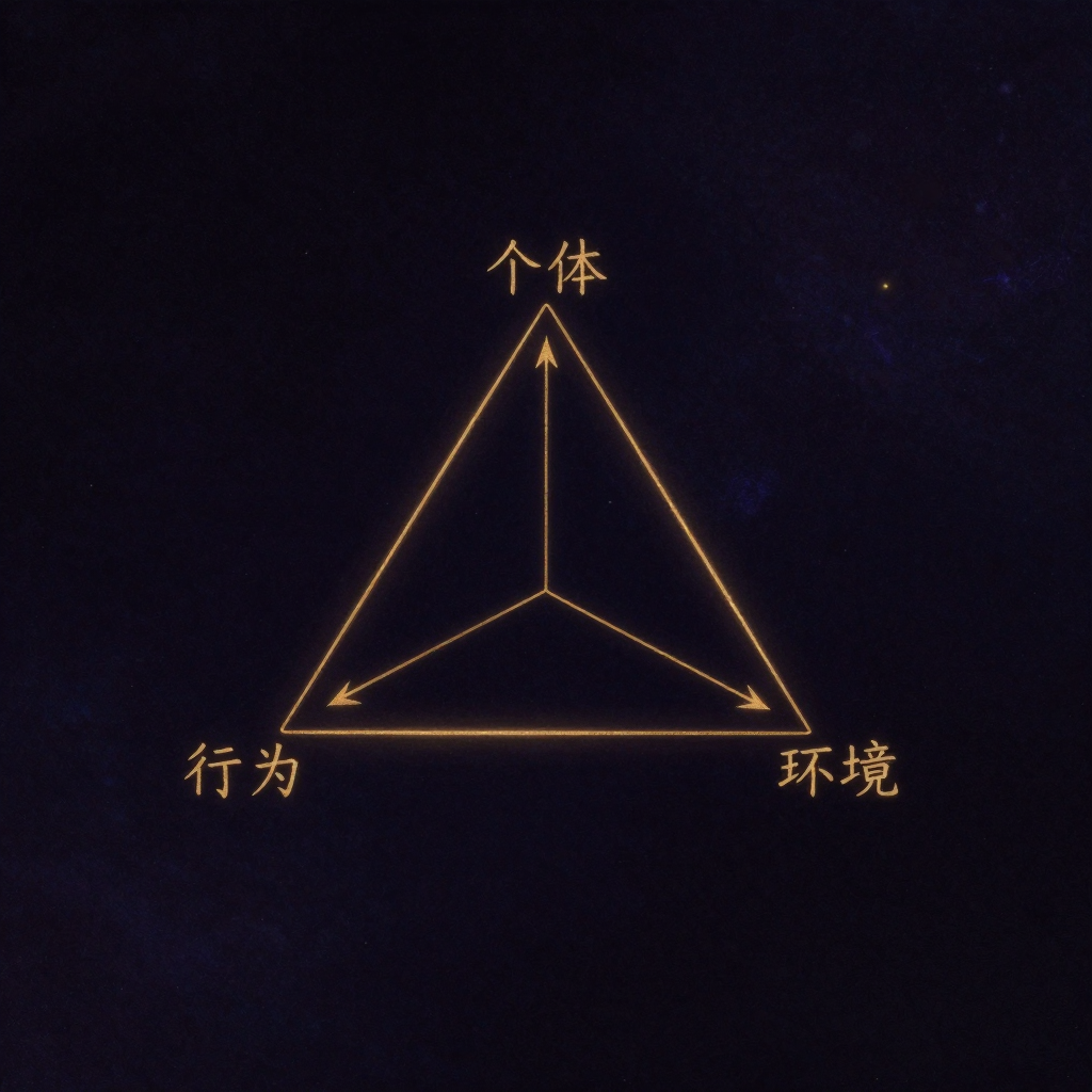 三元交互决定论：一个清晰的等边三角形置于空旷深色底中，三个顶点分别标注为“个体”“行为”“环境”，每对顶点间画有双向箭头，线条刚劲分明，