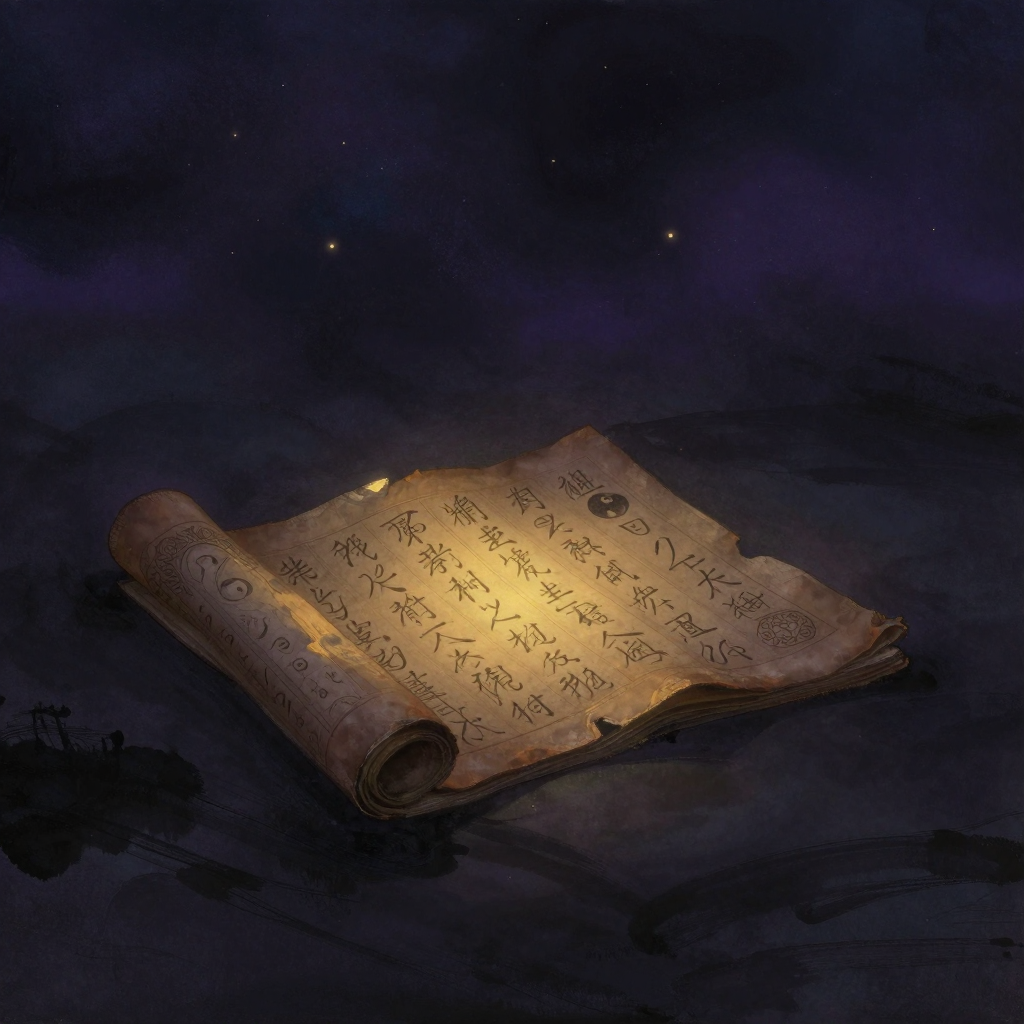 黄帝四经：一叠残破的深褐丝帛被轻轻展开，帛面上古隶书字迹依稀可辨，四片帛书错落叠放，边缘有岁月蚀痕，置于大片空处，帛卷缝隙深处透出