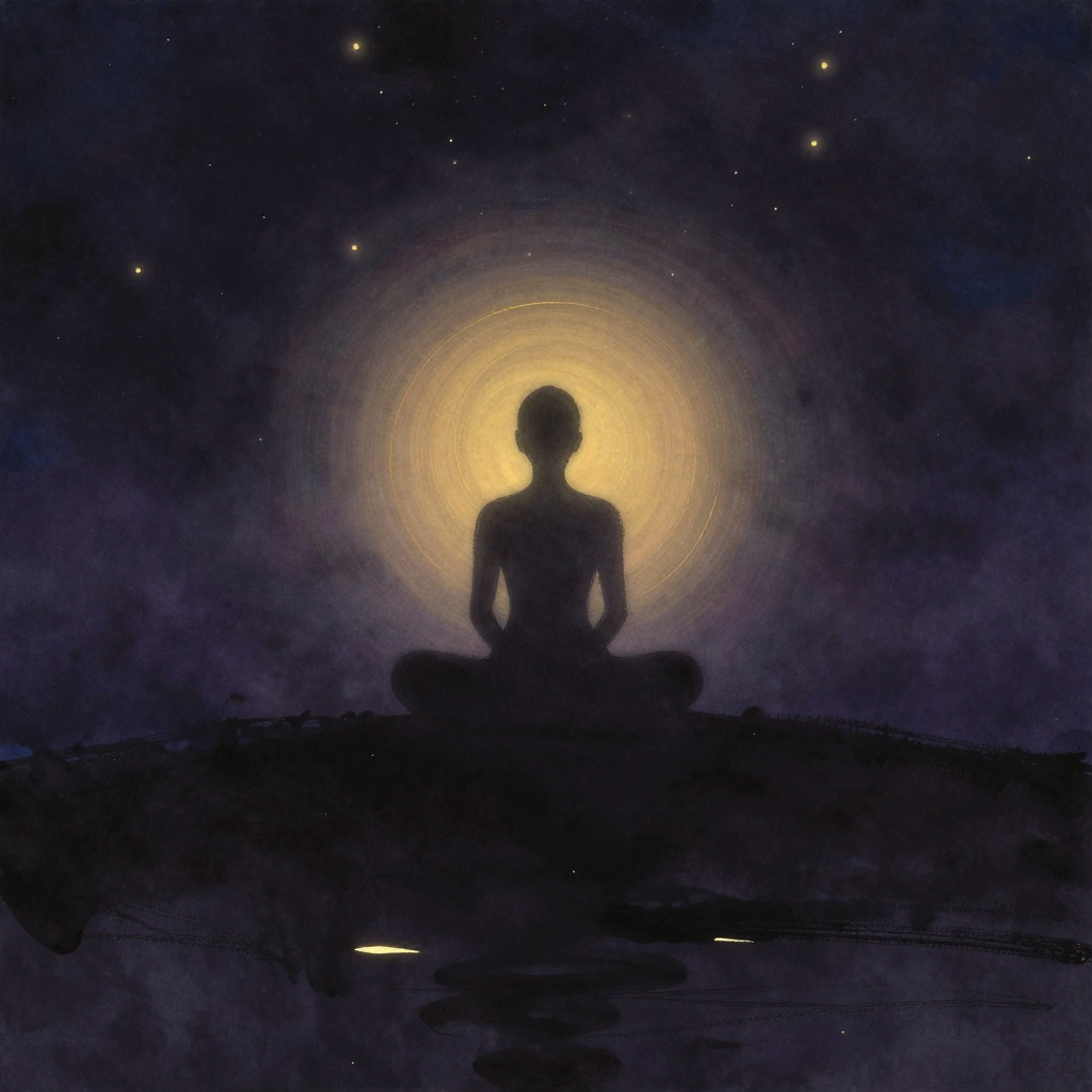 灵性修持：一个盘坐的人形剪影稳定地居于画面中央，双手于腹前自然叠放，背后衬着一圈极淡的柔和光晕，四周大片空旷，光晕是画面唯一的微光