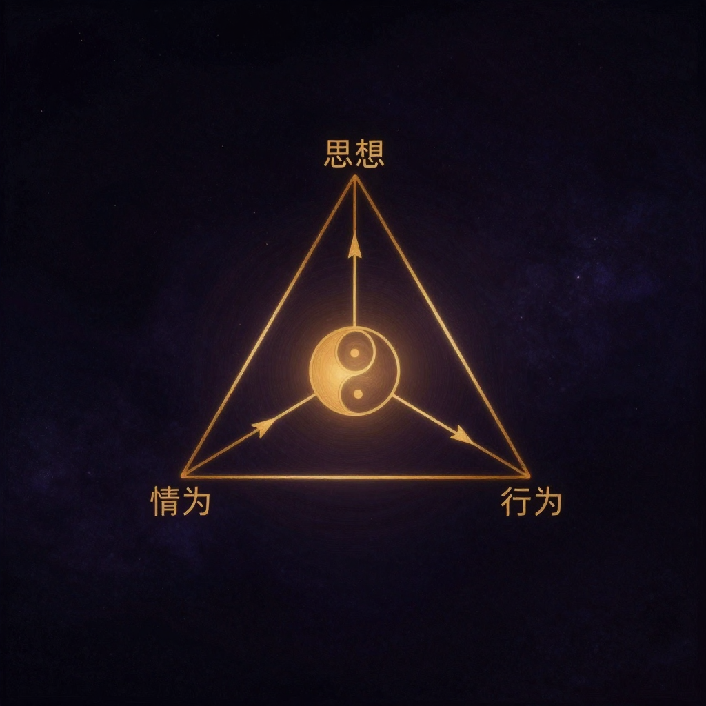 认知三角：一个清晰的等边三角形，三个顶点旁标注“思想”“情绪”“行为”，各边均以双向箭头相连形成闭环；三角形居中，四周大片空旷，仅