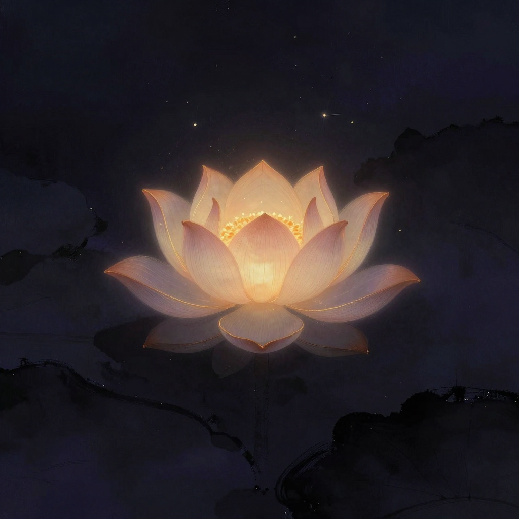 第五项修炼：一朵五瓣莲花悬浮于空旷之中，中心花瓣最大且透出柔和微光，其余四瓣环绕其周，每瓣边缘可见极细线条相连，形成有机的流动网络，