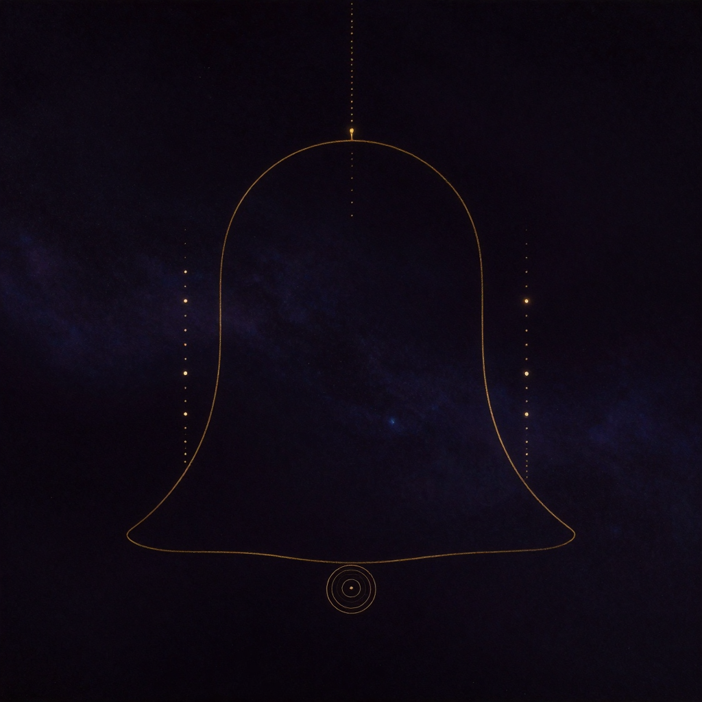统计推断：一条左右对称的钟形曲线悬于空旷之中，曲线两侧各有一条垂直虚线标记临界值，两尾处阴影区域向内收敛，整幅画面仅此一组几何元素