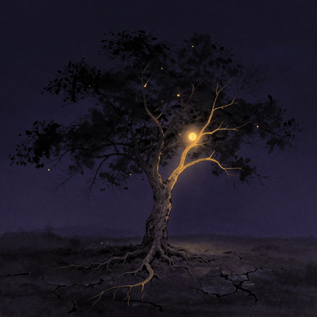 存在意义：一棵树孤立于空旷荒芜之地，树冠一半枝叶繁茂、一半枯槁凋零，根须深深嵌入干裂的岩缝与土地，四下再无他物，微光自根隙与枯枝间