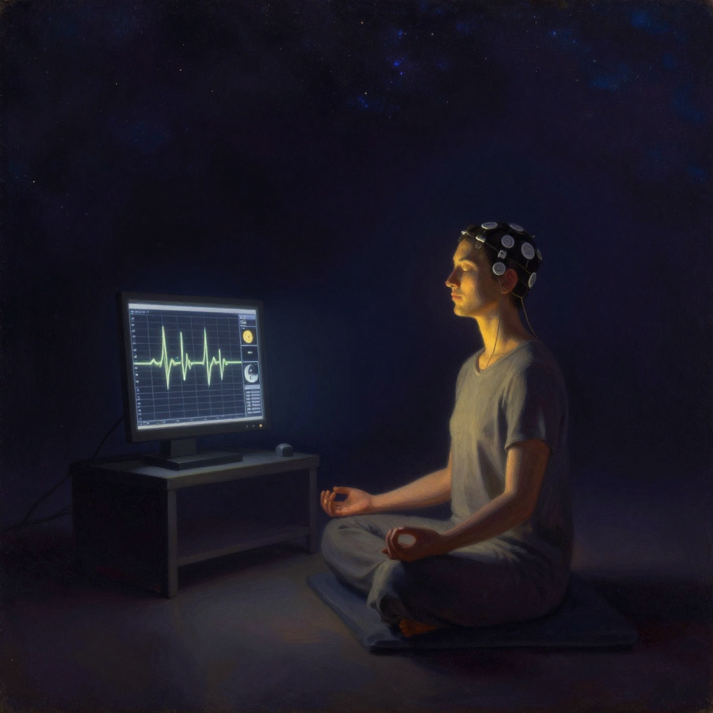 科学实证：一位头戴电极传感器的冥想者盘腿静坐于空旷实验室中，闭目安详；身侧一台屏幕显示着起伏的EEG波形图，波形清晰如α波与θ波；