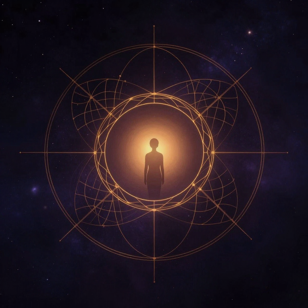 心理病理：中心一个安静的人形剪影，四周环绕着四个交叠的环——一环如神经脉络（生物）、一环如情绪波纹（心理）、一环如编织之网（社会）