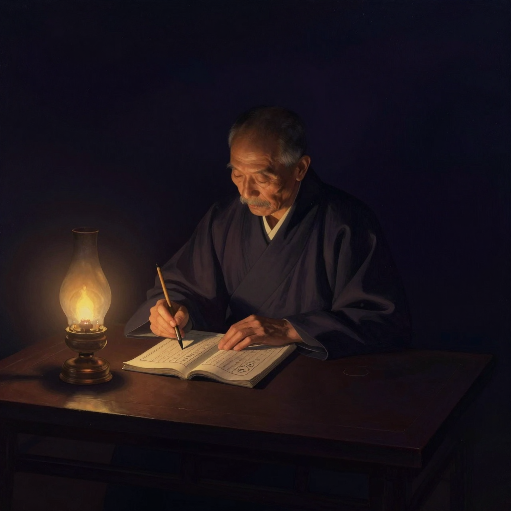 成无己：一位身着交领右衽宽袖长袍的年迈儒医坐于案前，案上摊开一部线装书卷，书卷标明《伤寒论》，他手持毛笔正在书页间书写，余处归于