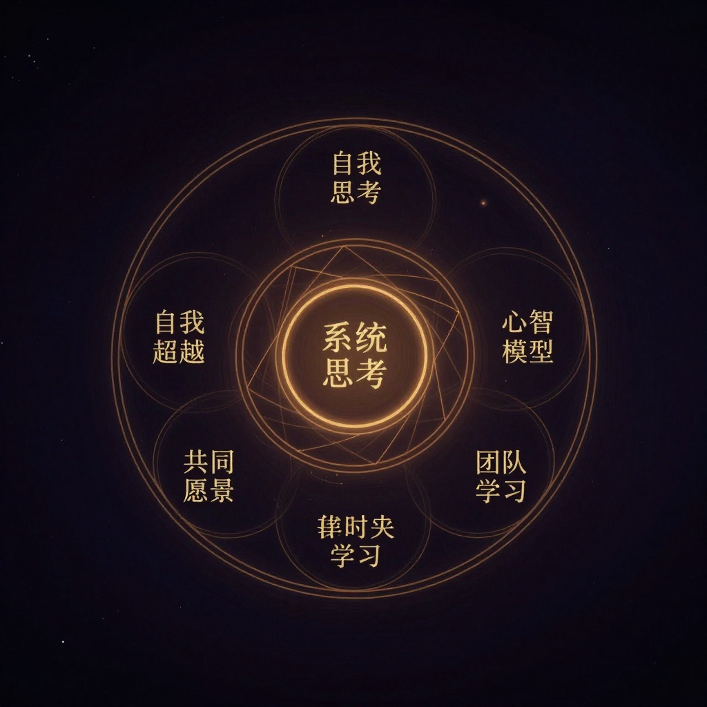 五项修炼：五个圆环相互交叠围成一个整体，中心圆环内标注“系统思考”，四周四个圆环分别标注“自我超越”“心智模型”“共同愿景”“团队