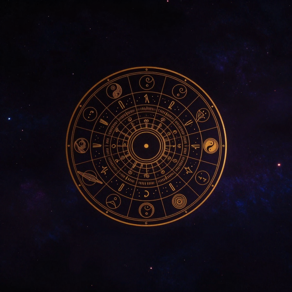 占星学：一只古铜色圆盘悬于空旷深色背景中央，盘面以细密金线刻出黄道十二宫符号逆时针排列，符号间散布行星记号，圆盘中心留出一小圆点