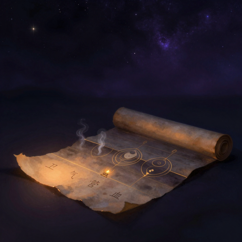 温病：一张半卷的旧纸卷，纸上手绘出四条平行渐深的墨色横纹，自左至右标注卫、气、营、血，每层下方有极简暗示：卫层一缕薄雾、气层一